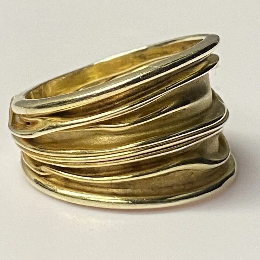 Wide Artisan 925 Gold Over Sterling Silver Ring Band Sz 8.75